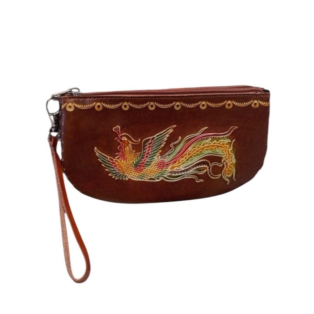 Vintage 70s Tooled Phoenix Rising Wristlet Bag Clutch
